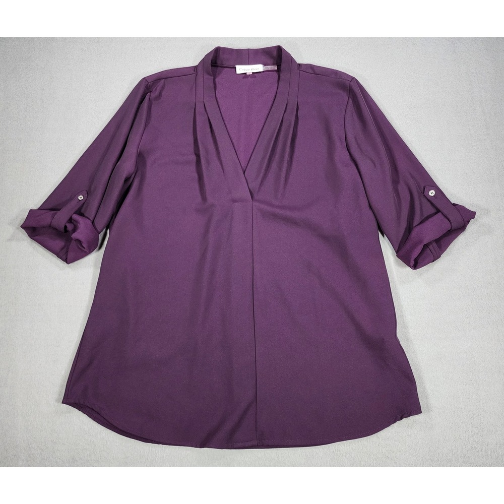 Calvin Klein Purple Roll Tab Pleated V Neck Blouse 3/4 Sleeve Office Medium Chic
